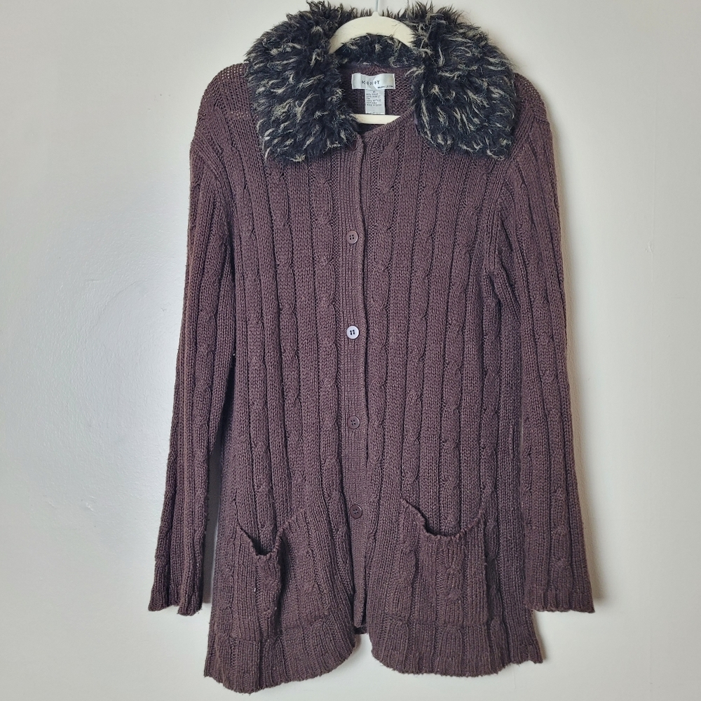 KIKIT Vintage 90s Brown Knit Cozy Fuzzy Sweater with‎ Fur Collar